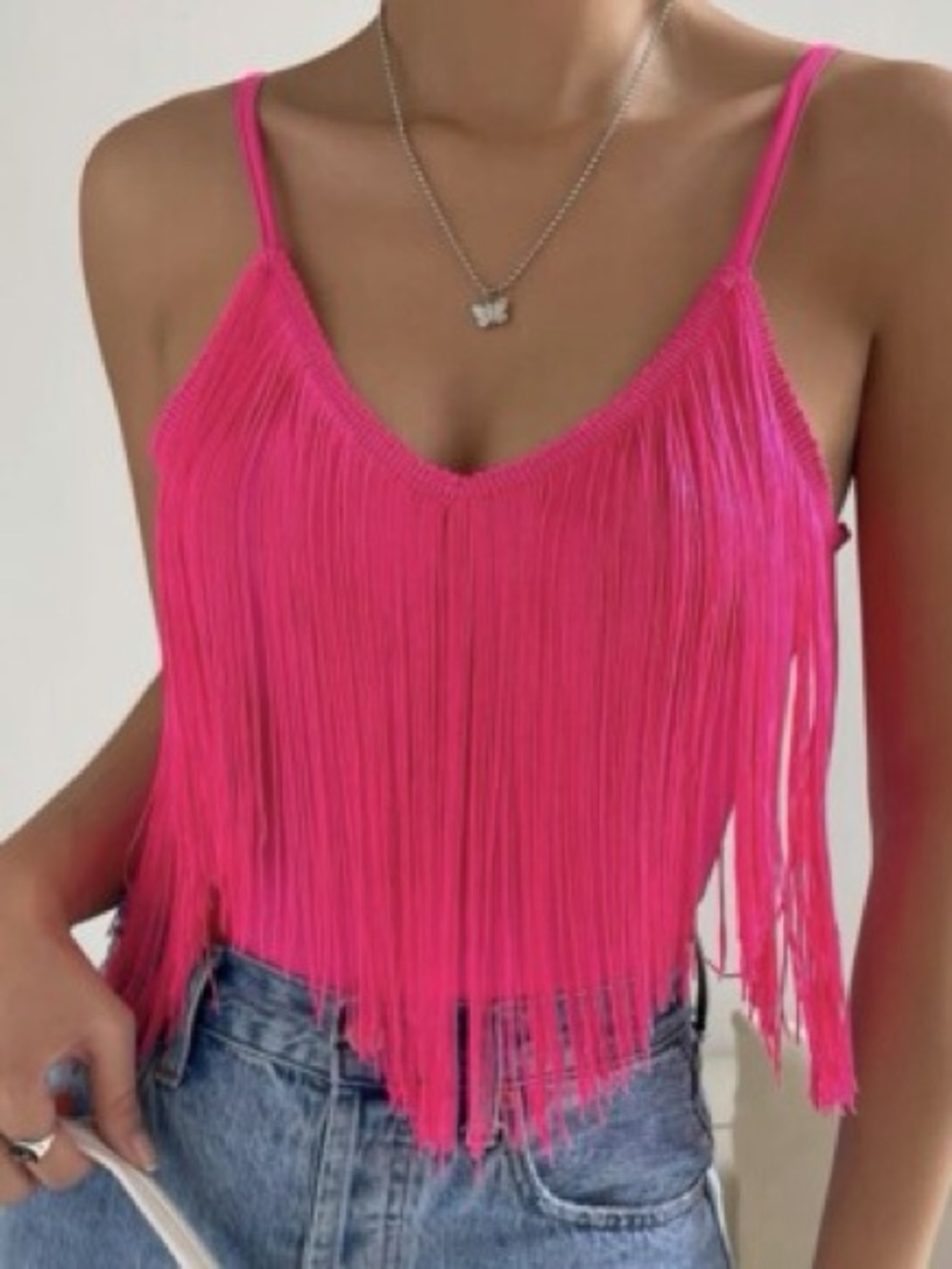 Pink Fringe SHEIN Spaghetti Strap Crop Top